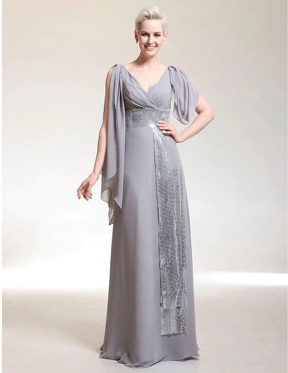 Etuikleid/Säulenkleid im Promi-Stil, formeller Abend, bodenlang, kurze Ärmel, V-Ausschnitt, Chiffon mit überkreuzten Perlen
